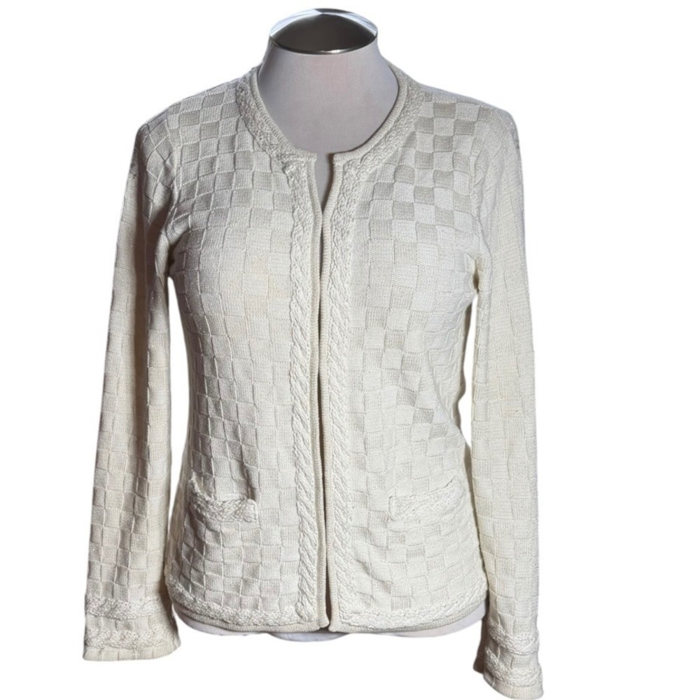 Laura Ashley Cream Checkerboard Metallic Knit Cardigan Sweater Size M Hook Eye